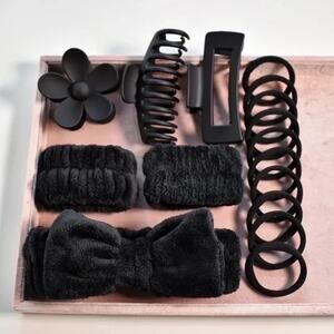 Black Hair Accessory Set Clips Scrunchies Headband Elastics Spa Gift Bundle NEW